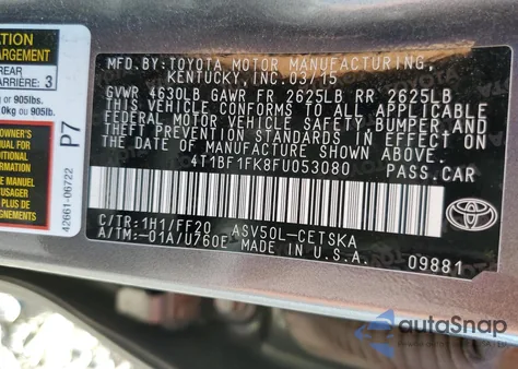 2015 Toyota Camry Le from USA, damaged, VIN 4T1BF1FK8FU053080